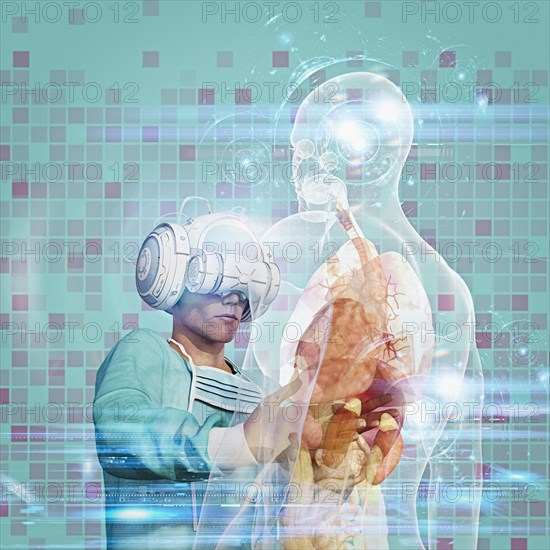 Surgeon wearing virtual reality goggles operating on hologram