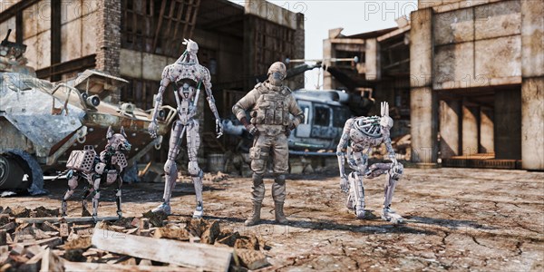 Soldier and military robots standing near rubble