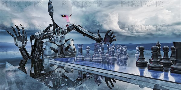 Robot woman playing chess in clouds