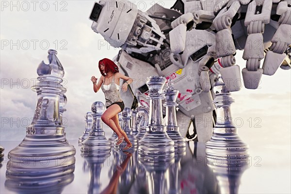 Woman running between chess pieces from giant robot