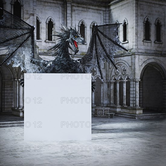Dragon spreading wings behind blank sign