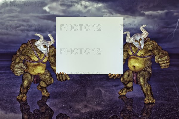 Green ogres holding blank sign