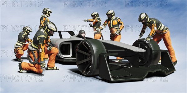 Futuristic pit crew servicing race car