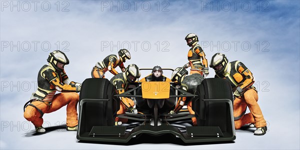 Futuristic pit crew servicing race car