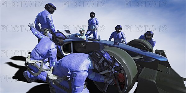 Futuristic pit crew servicing race car