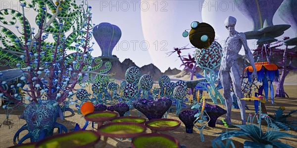 Alien standing in multicolor garden