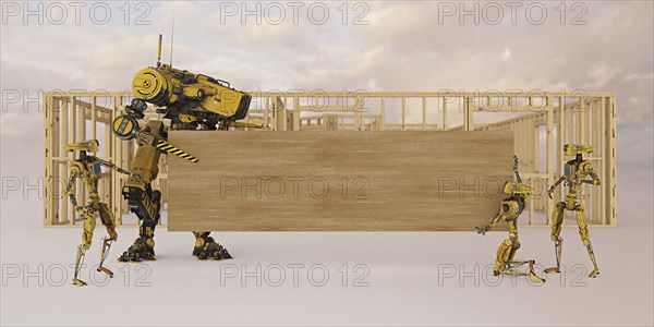 Construction robots holding wooden board with copy space