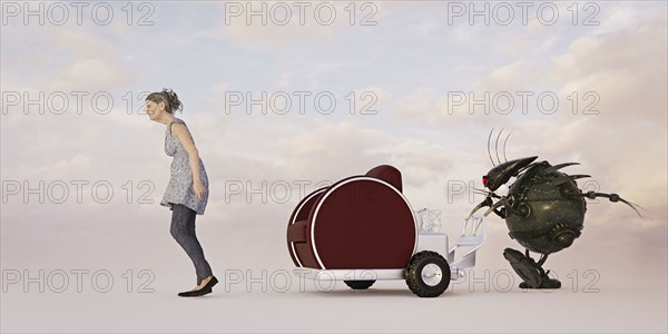 Robot pushing armchair behind older woman