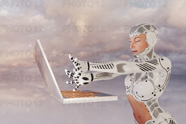Robot woman using floating laptop