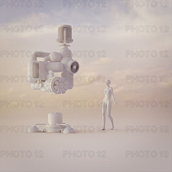Android woman watching floating power plant
