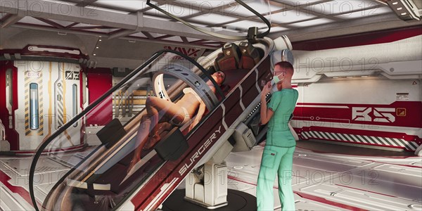 Surgeon standing near woman on futuristic operating table