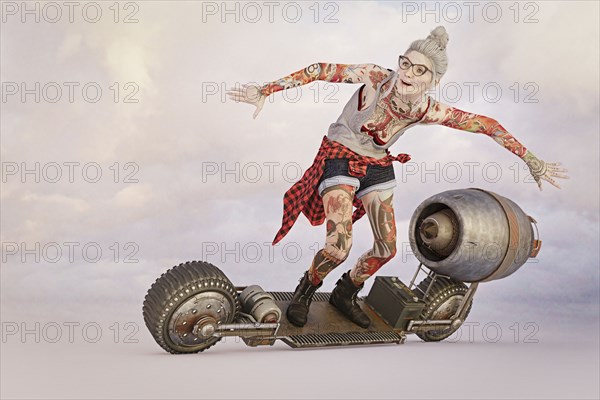 Older woman with tattoos riding futuristic skateboard