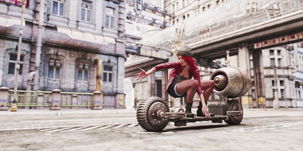 Girl riding futuristic skateboard in city