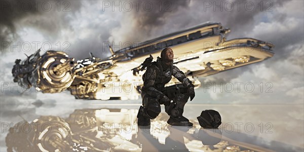 Man crouching near spaceship