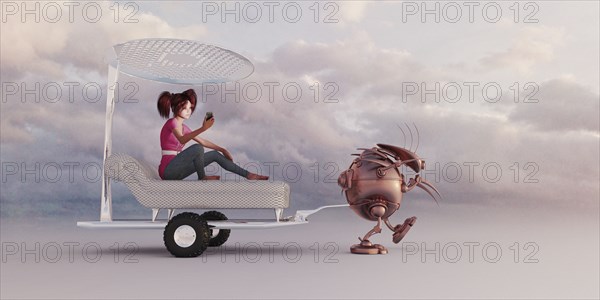 Robot pulling girl in luxury futuristic rickshaw
