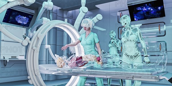 Doctor wearing virtual reality helmet treating transparent patient