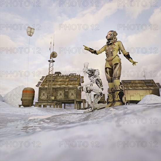 Futuristic woman and robot exploring frozen tundra