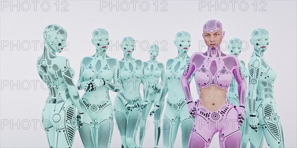 Futuristic pink woman standing near green androids