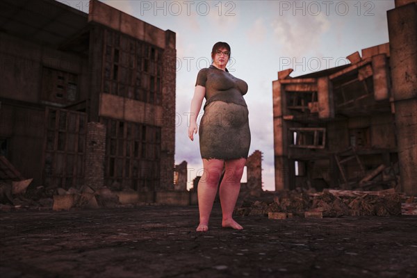 Overweight woman standing in urban ruins