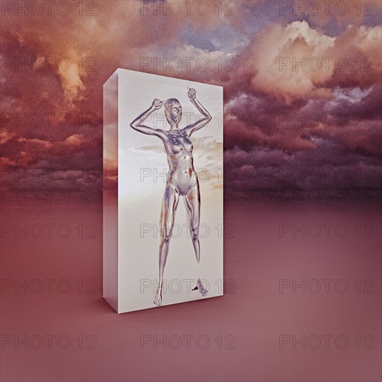 Silver futuristic woman trapped in case