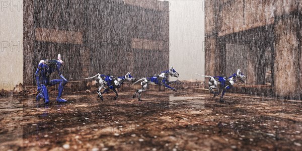 Robot dogs running in rain