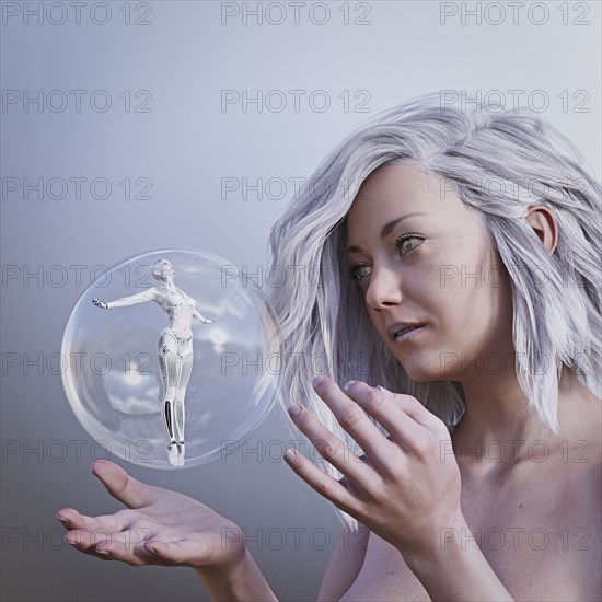 Women watching robot woman in floating sphere