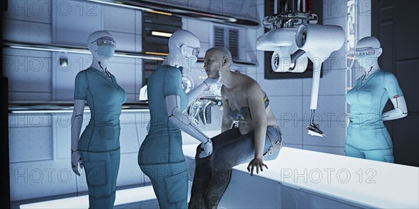 Futuristic nurses examining woman