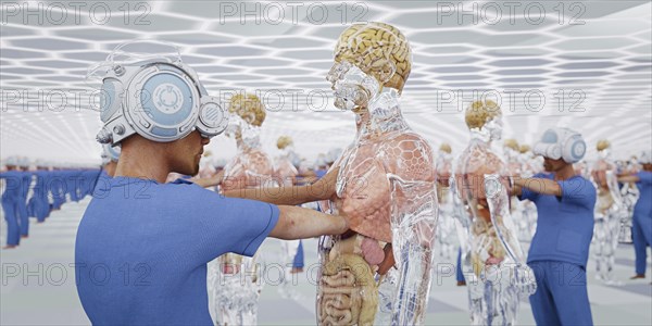 Doctors wearing virtual reality goggles examining transparent men