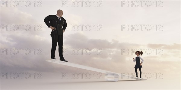 Girl on seesaw lifting businessman