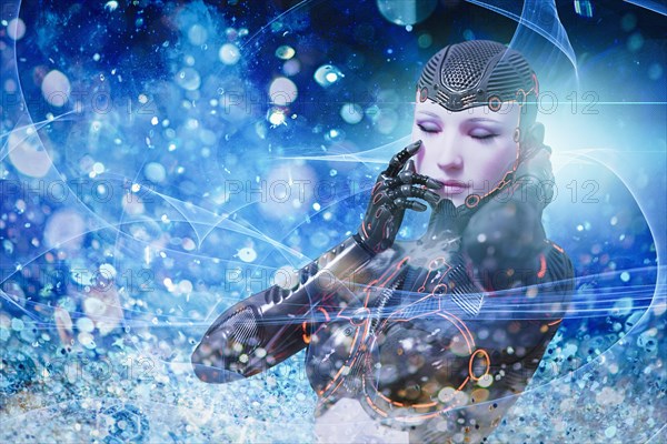 Robot woman dreaming in blue cyberspace