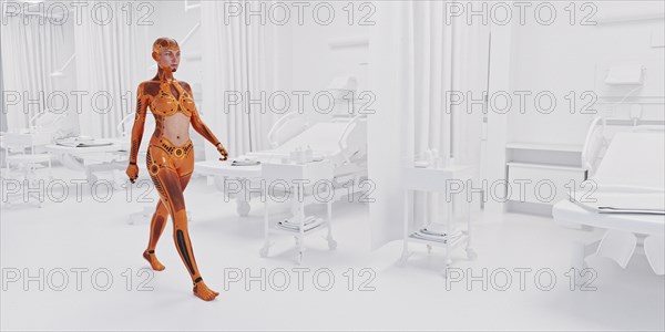 Orange android woman walking in white hospital