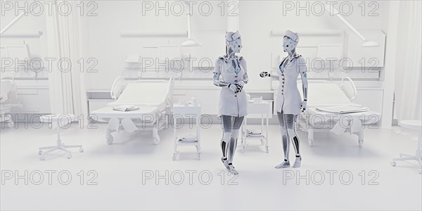 Robot nurses talking in hospital