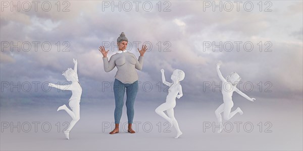 Woman watching dancing virtual children
