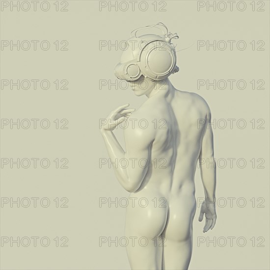 White muscular man wearing virtual reality goggles looking back