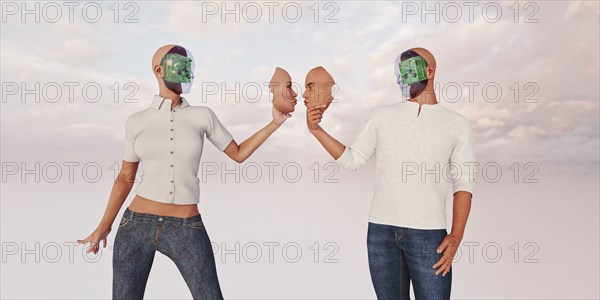 Robot couple holding removable face masks