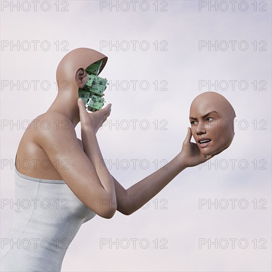 Robot woman holding removable face mask and circuits