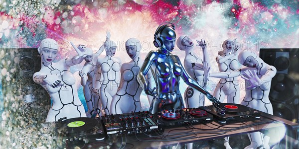 Robots dancing to music by robot woman disc jockey