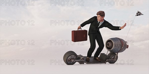 Businessman riding futuristic skateboard