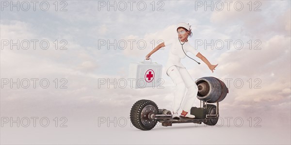 Nurse riding futuristic skateboard