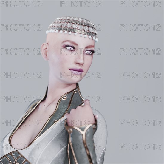 Futuristic woman wearing ornate headpiece