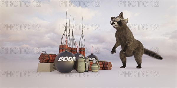 Raccoon wearing goggles watching explosives