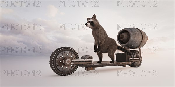 Raccoon riding futuristic skateboard