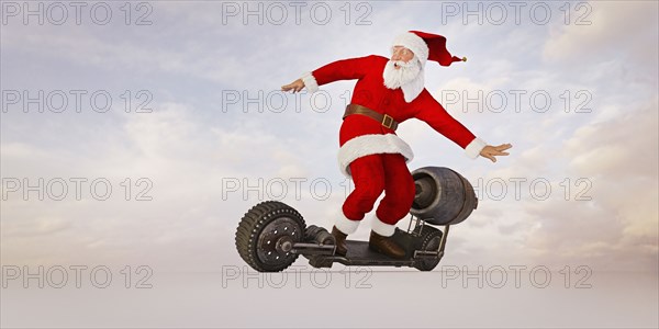 Santa riding futuristic skateboard