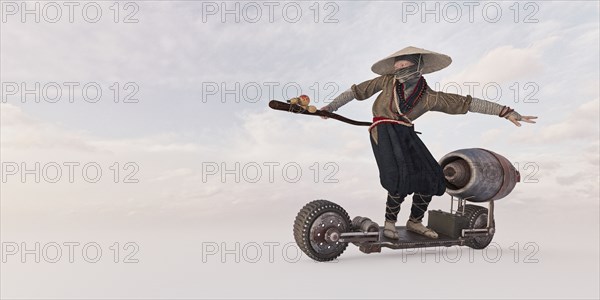 Traditional farmer riding futuristic skateboard