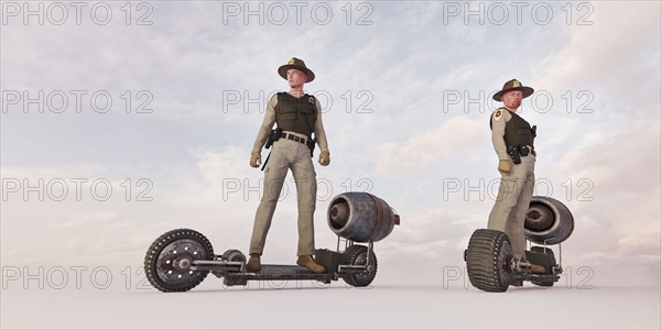 Police officers riding futuristic skateboards