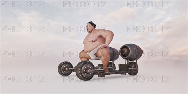 Sumo wrestler riding futuristic skateboard