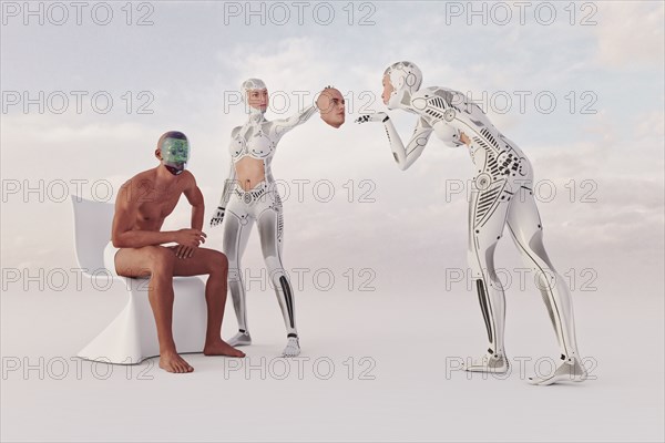Futuristic woman removing face of robot man revealing circuits