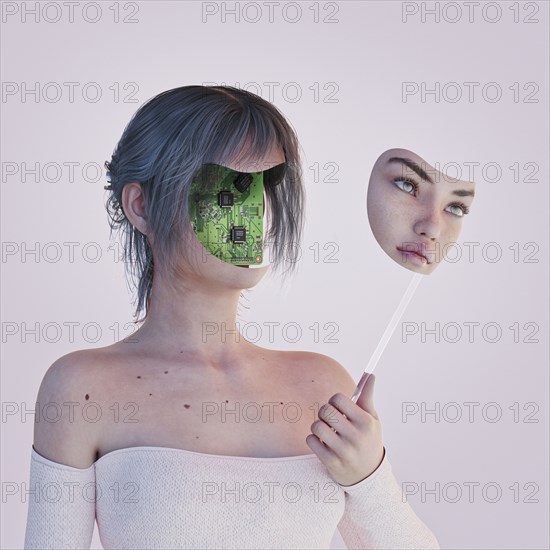 Robot woman removing face mask revealing circuits