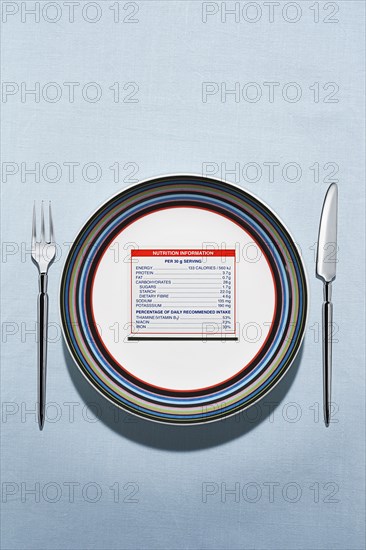 Nutrition label on plate in table setting