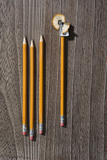 Pencils and sharpener with shavings